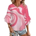thumbnail image 1 of Pink Abstract Wavy Design Women's V-Neck Blouse With 3/4 Ruffled Bell Sleeves Casual Top Ladies Blouses, 1 of 7