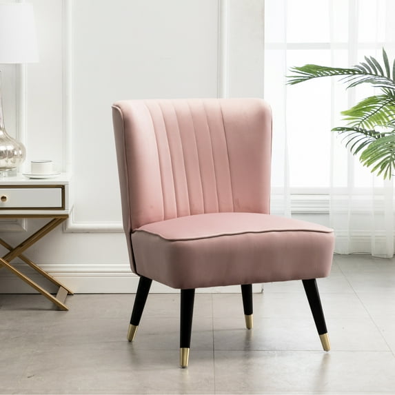 Pink Accent Chair - Design, Thick Foam Padding, Velvet Upholstery, Curved Back With Stitching, Black Rubberwood Legs & Gold Electroplating, 24" W X 26" D 33" H Dense And Seat, Lined Stitching