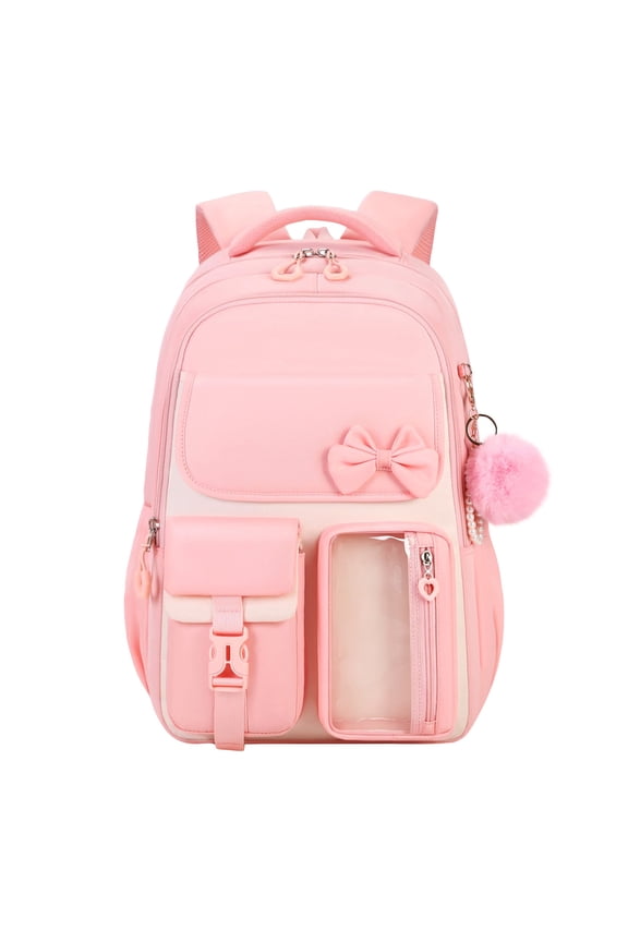 Pink Accent School Backpack for Students, Multi-Pocket Travel Daypack with Cute Bow and Plush Charm