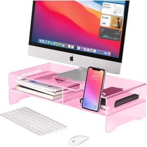 Pink Acrylic Monitor Riser, 2-Tier Desk Computer Stand With Storage & Phone Holder