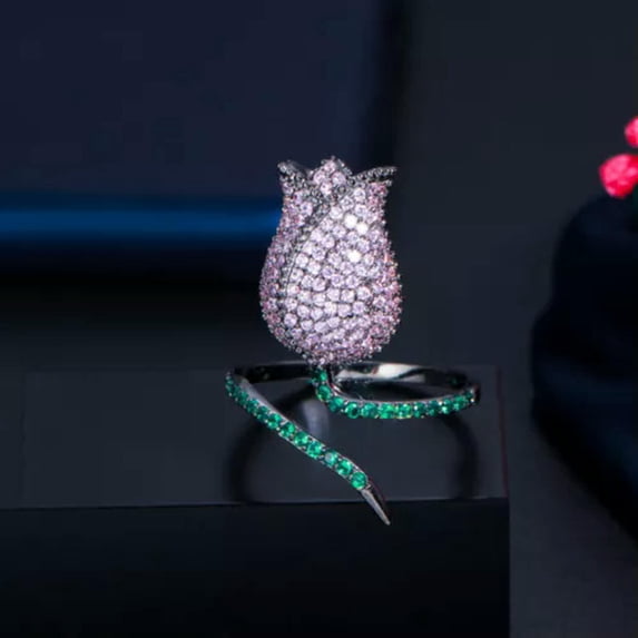Pink Adjustable CZ Rose Flower Open Finger Rings for Women Famous Brand Jewelry