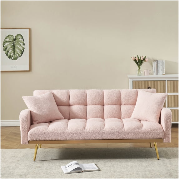 Pink Adjustable Sofa Bed for Small Spaces, Plush Teddy Fabric Convertible Couch with 2 Pillows
