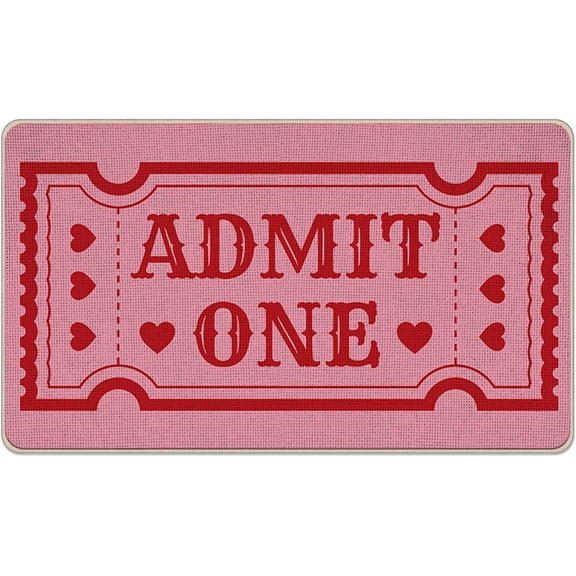 Pink Admit One Ticket Welcome Front Door Mat, Romantic Valentines Day Decorative Doormat Non-Slip Floor Entryway Rug, Love Heart Low Profile Indoor Outdoor Home Kitchen Decoration 17x29 Inches