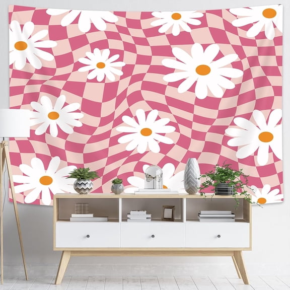 Pink Aesthetic Abstract Checkerboard Modern Tapestry, Retro Boho Flower Groovy Decor Cute for Kids Girls Teen Art Tapestries Hanging Bedroom Living Room Dorm Wall Home Decor Fabric 40X30in