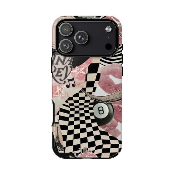 Pink Aesthetic Collage Phone Case, Checkerboard Lips 8 Ball Pearls Art Cover, Edgy Y2K Style for iPhone 17 16 15 14 13 12 11 Pro Plus Mini
