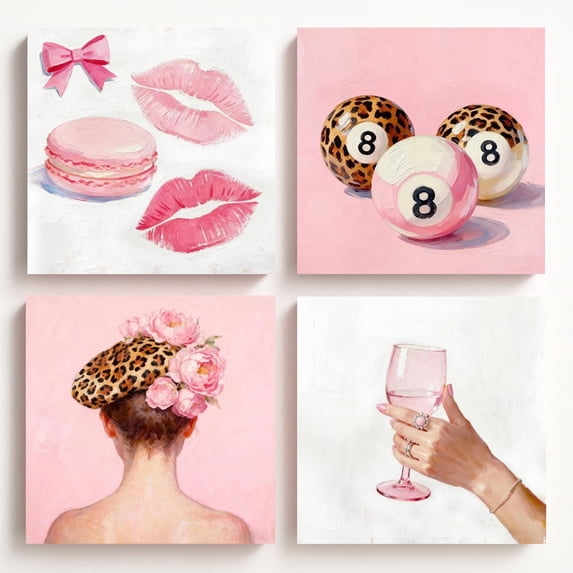 Pink Aesthetic Wall Art Set of 4, 12x12in Girly Decor