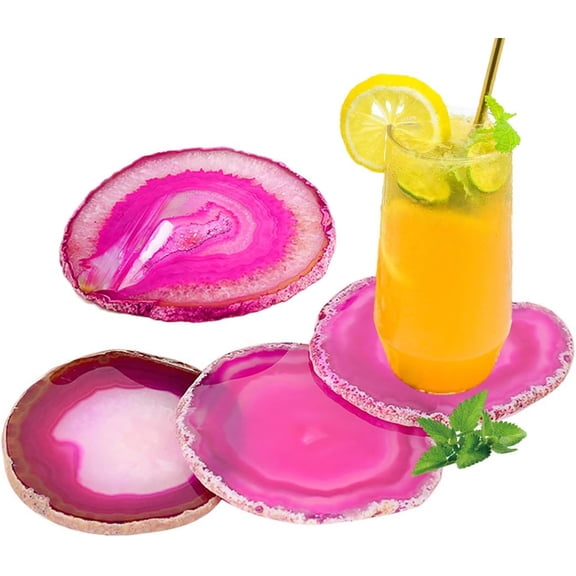Pink Agate Coaster Crystal Quartz Coasters for Drinks Rock Stone Bar Coaster Geode Slices Set of 4 with Rubber Bumpers 3.5-4"