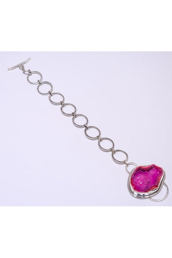 Pink Agate Drusy - Botswana 925 Silver Plated Bracelet 7-7.99" B_9214_73_3, Valentine's Day Gift, Birthday Gift, Beautiful Jewelry For Woman & Girls