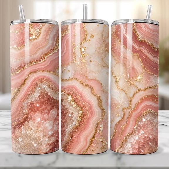 Pink Agate Geode 20 oz Skinny Tumbler, Rose Gold Glam Crystal, Marble
