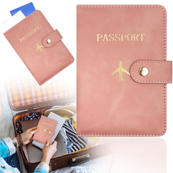 Pink Airplane Embossed Leather Passport Holder, Multi Slot Travel Document Wallet for International Vacations, Snap Closure Travel ID Card Case (10.2cm/4.02in × 14.6cm/5.75in)