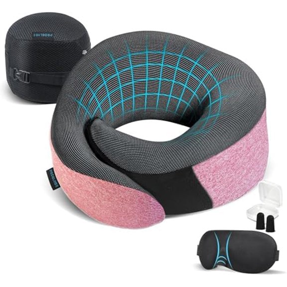 Pink Airplane Travel Pillow Set, 100% Pure Memory Foam Neck Pillow, Updated Material, Long Flight Travel Kit with 3D Contoured Eye Masks, Earplugs, and Luxury Bag