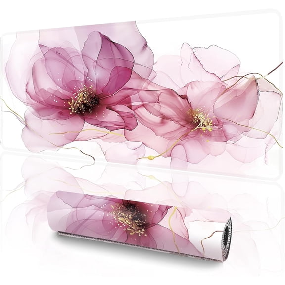 Pink Alcohol Ink Desk Mat (31.5 x 11.8 Inch), Large Abstract Floral Mouse Pad with Gold Accents, Elegant Magenta Fluid Art Design, Non-Slip Laptop Base, Modern Office Decor