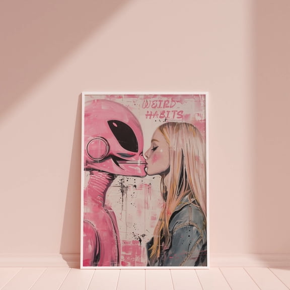 Pink Alien Wall Art Print, Girly Aesthetic Decor, Retro Space Artwork Unframed Paper Print