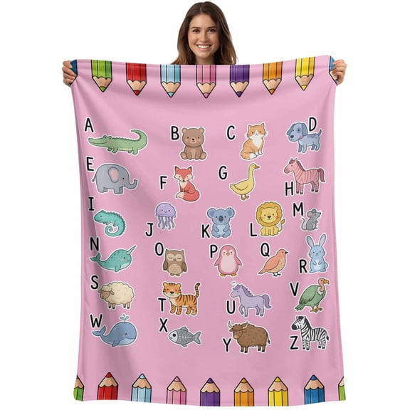 Pink Alphabet Blanket Soft Cozy Warm Throw Blanket for Couch, Plush Fuzzy Flannel Fleece Blankets for Sofa, Cartoon Colorful Animals Letter Crayon Bed Blankets Lightweight Gifts for Women, 30"x40"