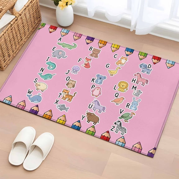 Pink Alphabet Entryway Rug 2'x3' Non Slip Front Door Mats, Cartoon Colorful Animals Letter Crayon Entrance Rugs Indoor Outdoor Carpet, Washable Floor Mats Small Area Rug for Bedroom Kitchen