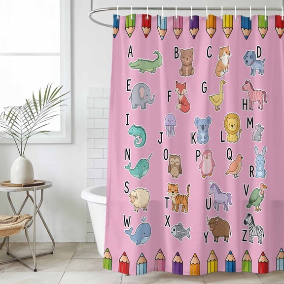 Pink Alphabet Extra Long Shower Curtain Set, Waterproof Shower Curtains for Bathroom, Cartoon Colorful Animals Letter Crayon Washable Fabric Cloth Bath Curtain for Bathtub with Hooks 72x96 Inches