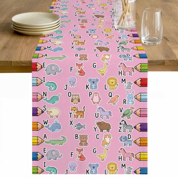 Pink Alphabet Table Runner - 48 Inch Long Cartoon Colorful Animals Letter Crayon Cotton and Linen Blended Dress Scarves Farmhouse Table Runner for Kitchen Dining, Coffee Table, 13" x 48"