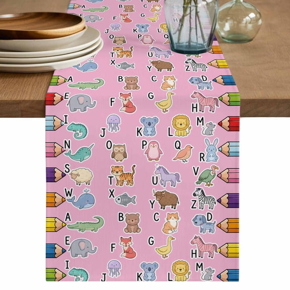 Pink Alphabet Table Runner, Cartoon Colorful Animals Letter Crayon Washable Cotton Linen Table Runners 72 Inches Long, Dresser Scarf Runner for Dining Tables/TV Stands/Coffee/Cabinets 18''x72''