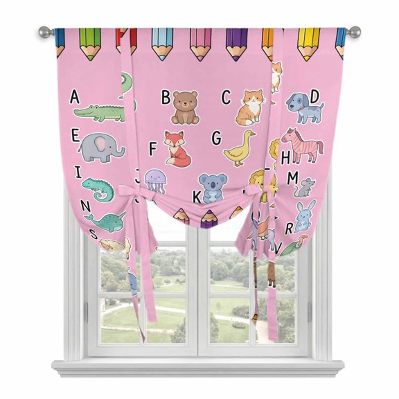 Pink Alphabet Tie Up Curtains for Windows 45 Inch Length Balloon Curtains Kitchen Adjustable Balloon Window Shade Cartoon Colorful Animals Letter Crayon Tie Up Valance Bathroom Curtain Window 34"x45"