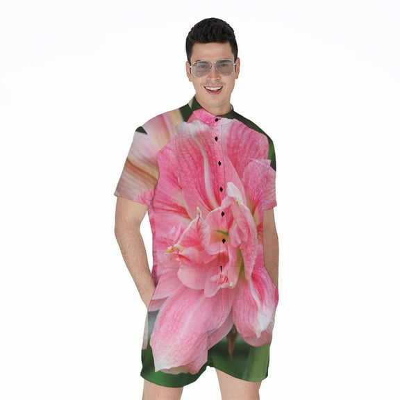 Pink Amaryllis Short Sleeve Men'S Rompers Casual Summer Jumpsuits Outfit