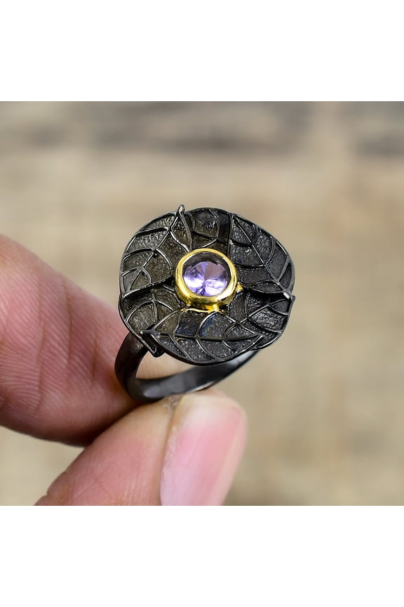 Pink Amethyst Black And Gold Plated 925 Sterling Silver Ring S.6 R8725, Christmas Gift