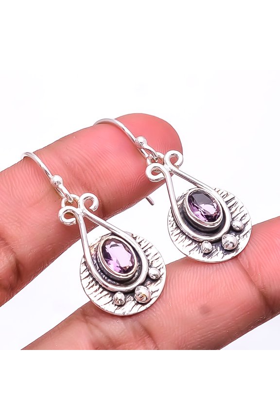 Pink Amethyst Designer 925 Sterling Silver Earring 1.56", Christmas Gift E2302, Handmade Jewelry, Dangle Earring