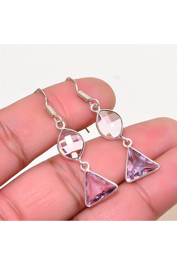 Pink Amethyst Gemstone 925 Sterling Silver Handmade Earring 1.76" E35