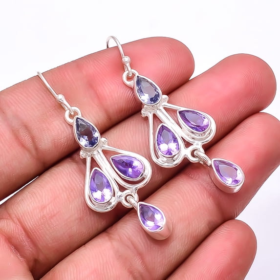 Pink Amethyst Multi Collet 925 Silver Plated Earring 2.03", Purple Amethyst Earring E_7999_354_6