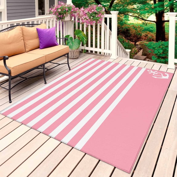 Pink Anchor Outdoor Rug for Patio/Deck/Porch, Non-Slip Large Area Rug 5 x 8 Ft, Modern Nautical White Geometric Stripes Indoor Outdoor Rugs Washable Area Rugs, Reversible Camping Rug Carpet Runner