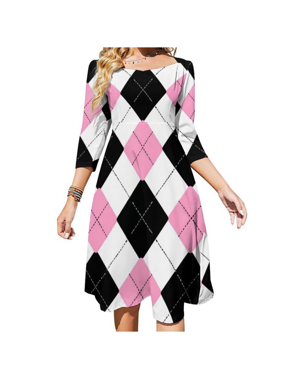 Pink And Black Argyle Pattern-2 Sweetheart Knot Flared Dress Fashion Design Large Size Loose Dress Spring Summer Women Dress