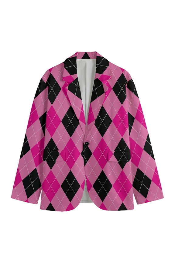 Pink And Black Argyle Pattern Print Men'S Blazer, Tartan Plaid Fun Novelty Blazer