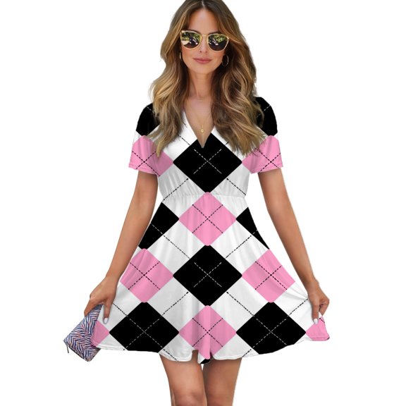 Pink And Black Argyle Pattern Women Dress V-Neck Short Sleeve Flowy Swing Party Midi Dress
