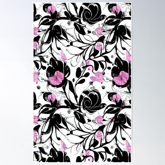 Pink And Black Floral Design On White Poster Wall Art, Modern Wall Decor For Living Room Bedroom, 8x12 UNFRAMED