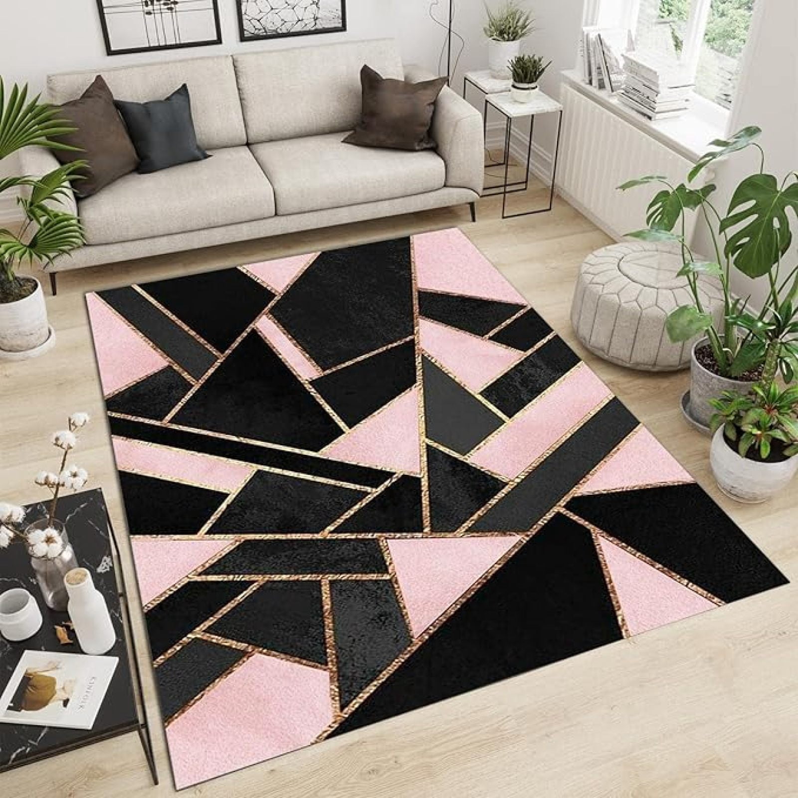 Pink And Black Geometry Area Rug, Black And Gold Marble Texture Rugs ...