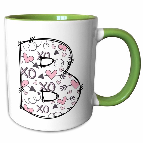 3drose, Pink and Black Hearts Xs and Os Monogram Initial B, 11oz Two-tone Green Mug