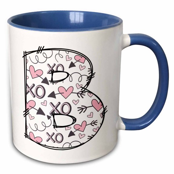 3drose, Pink and Black Hearts Xs and Os Monogram Initial B, 15oz Two-tone Blue Mug