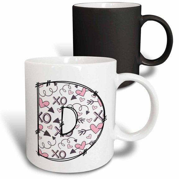 3drose, Pink and Black Hearts Xs and Os Monogram Initial D, 11oz Magic Transforming Mug