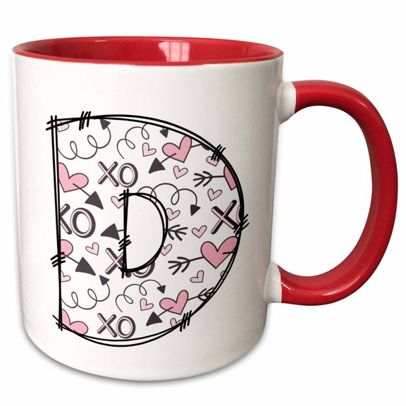 3drose, Pink and Black Hearts Xs and Os Monogram Initial D, 11oz Two-tone Red Mug