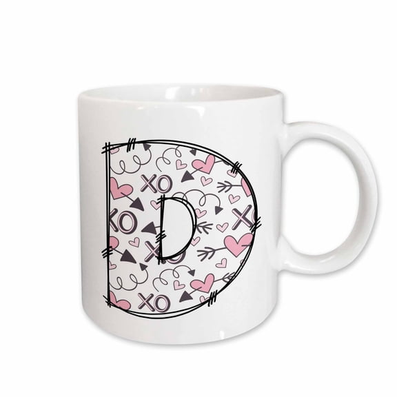 3drose, Pink and Black Hearts Xs and Os Monogram Initial D, 15oz Mug