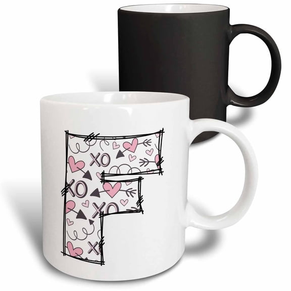 3drose, Pink and Black Hearts Xs and Os Monogram Initial F, 11oz Magic Transforming Mug