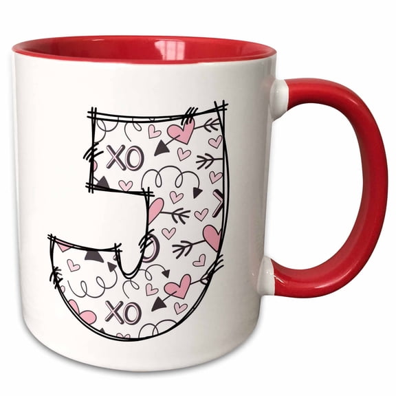 3drose, Pink and Black Hearts Xs and Os Monogram Initial J, 11oz Two-tone Red Mug