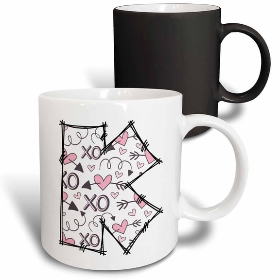 3drose, Pink and Black Hearts Xs and Os Monogram Initial K, 11oz Magic Transforming Mug