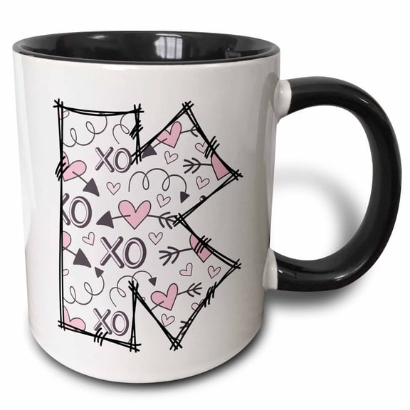3drose, Pink and Black Hearts Xs and Os Monogram Initial K, 11oz Two-tone Black Mug