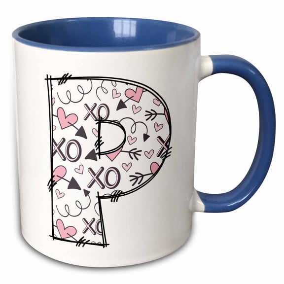3drose, Pink and Black Hearts Xs and Os Monogram Initial P, 15oz Two-tone Blue Mug