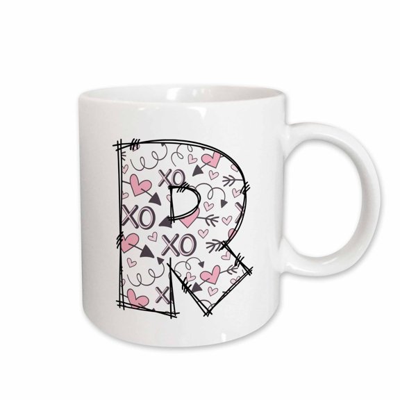 3drose, Pink and Black Hearts Xs and Os Monogram Initial R, 11oz Mug