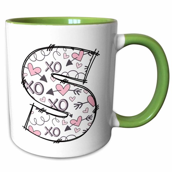 3drose, Pink and Black Hearts Xs and Os Monogram Initial S, 15oz Two-tone Green Mug