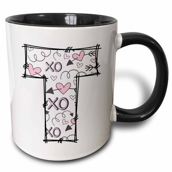 3drose, Pink and Black Hearts Xs and Os Monogram Initial T, 15oz Two-tone Black Mug