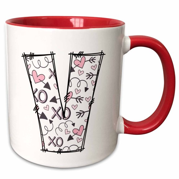 3drose, Pink and Black Hearts Xs and Os Monogram Initial V, 11oz Two-tone Red Mug