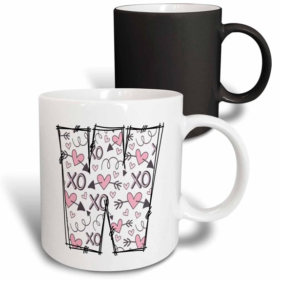 3drose, Pink and Black Hearts Xs and Os Monogram Initial W, 11oz Magic Transforming Mug
