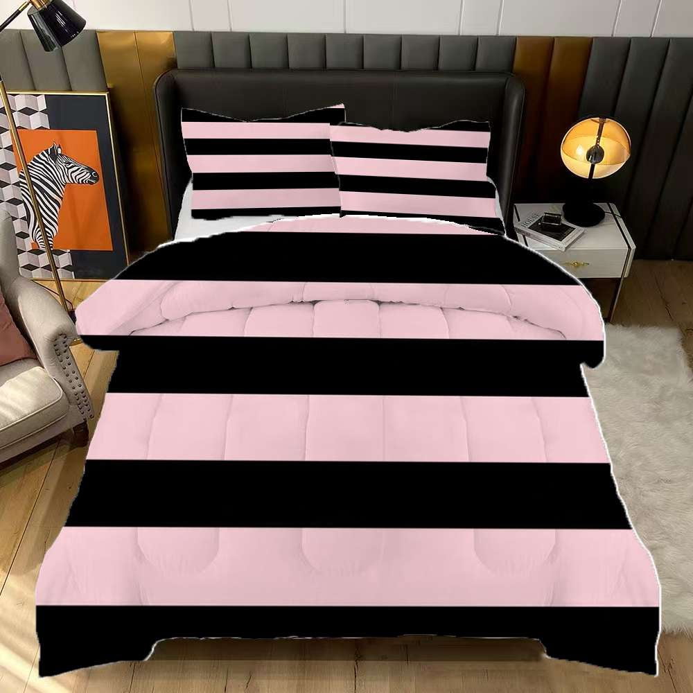Pink And Black Horizontal Stripes Comforter Set Full Size Bedding Set ...
